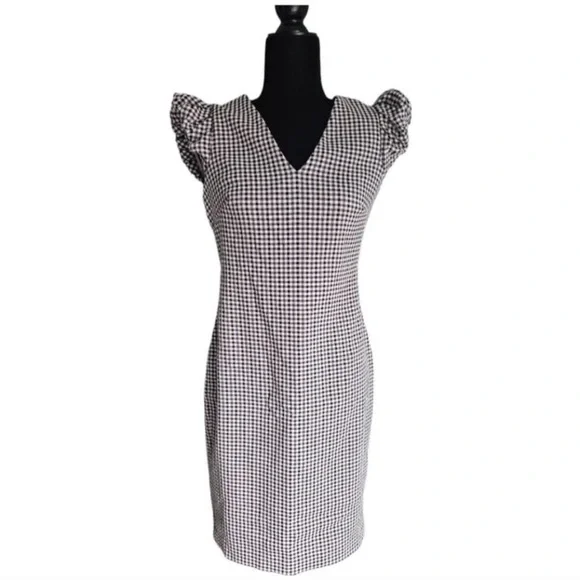 NWOT Calvin Klein Collection Puff Sleeve Gingham V Neck Sheath Dress - Picture 2 of 7